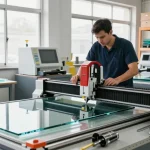 A skilled technician operating a CNC glass cutting table in a modern glass processing workshop, emphasizing high precision and advanced machinery
