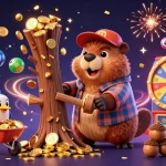 Engage with kèo nhà cái as the cartoon beaver collects coins while dynamic gaming elements surround him.