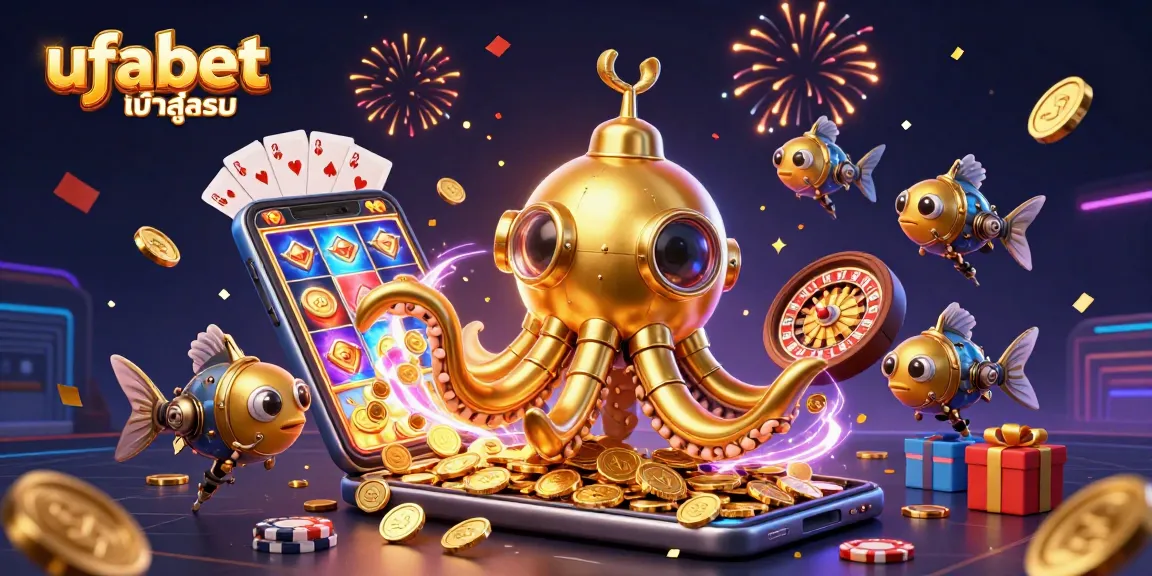 Spin the reels of ufabet เข้าสู่ระบบ in a vibrant 3D illustration bursting with golden coins and dynamic game elements.