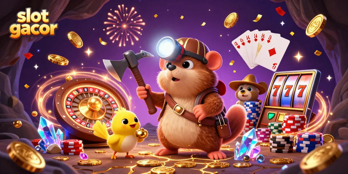 Experience slot gacor excitement with a treasure hunter mole and lucky symbols in a vibrant casino scene.