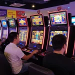 Exciting slot 5k gaming atmosphere with vibrant casino players engaged at machines and colorful graphics.