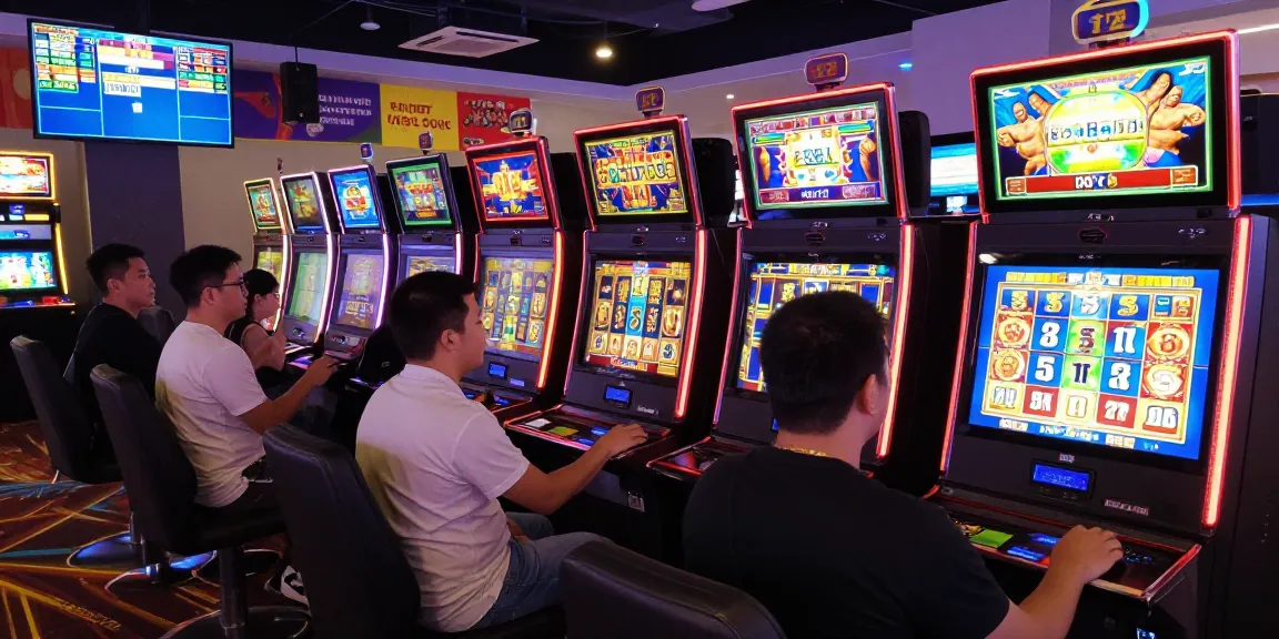 Exciting slot 5k gaming atmosphere with vibrant casino players engaged at machines and colorful graphics.