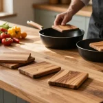 Schöne Topfuntersetzer aus Holz in einer rustikalen Küche, die heiße Töpfe elegant halten.