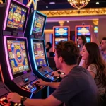 area permainan slot yang meriah dengan pemain bersemangat dan mesin slot yang berwarna-warni