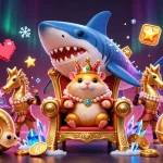 Un crypto casino animato con un re criceto dorato su un trono di denti di squalo e monete Bitcoin.