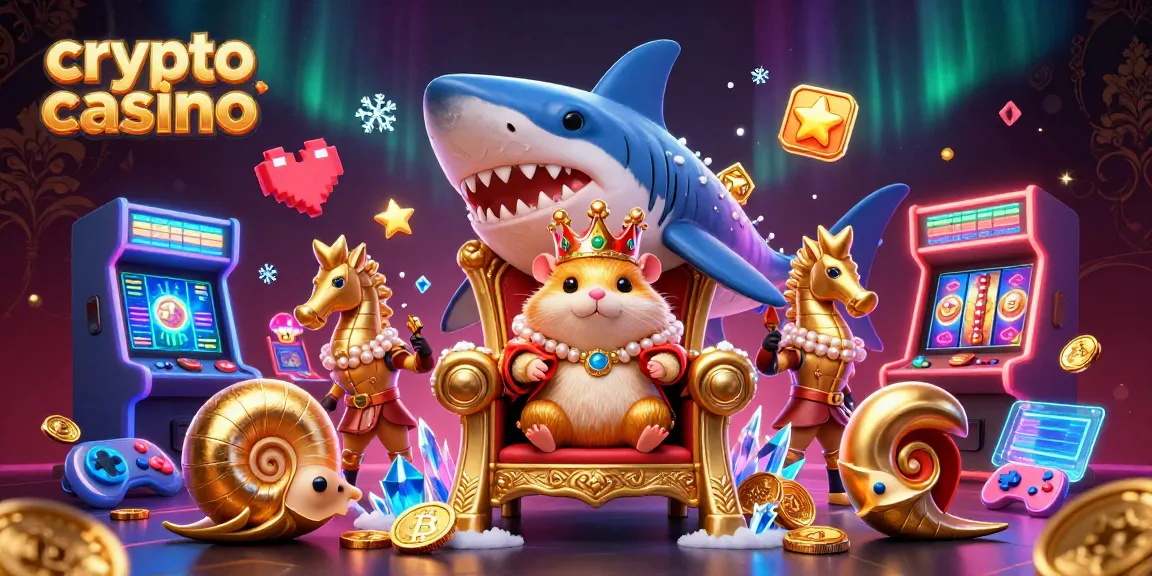 Un crypto casino animato con un re criceto dorato su un trono di denti di squalo e monete Bitcoin.