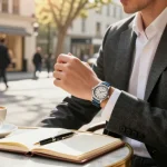 Showcase of elegant replica watches in sophisticated urban lifestyle setting with latte and designer notebook.