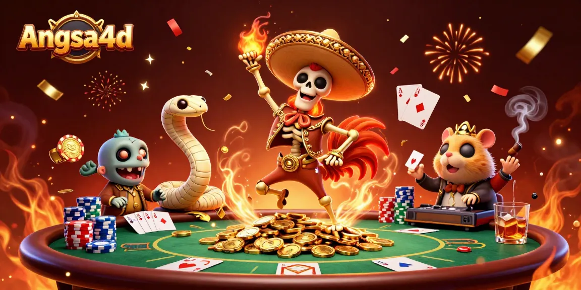 Experience the thrill of angsa4d with victorious characters celebrating around poker chips and golden coins!