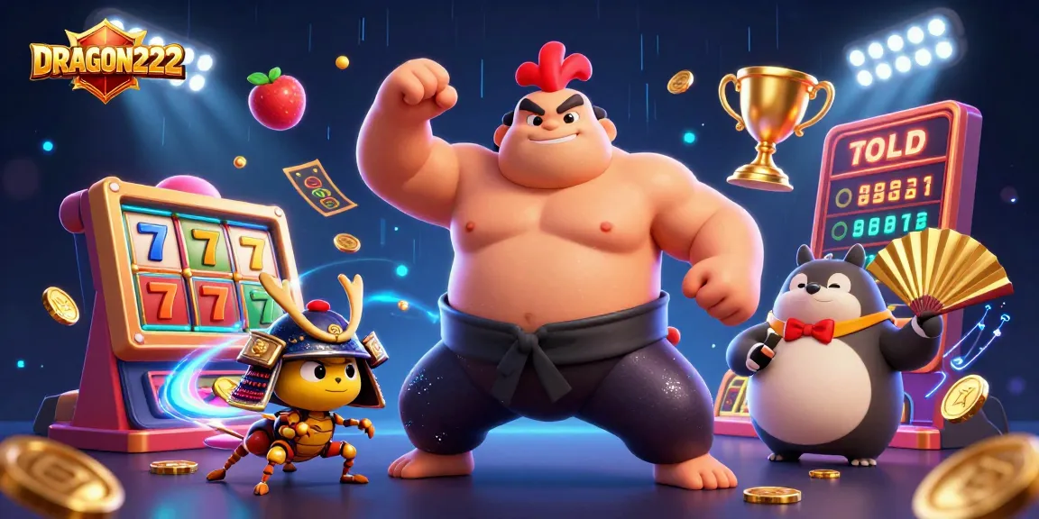 Win big at DRAGON222 with a powerful sumo wrestler rooster overseeing the slot reels!