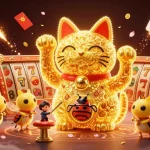 Play exciting games with 33winclick through a vibrant illustration of a lucky cat surrounded by casino symbols.