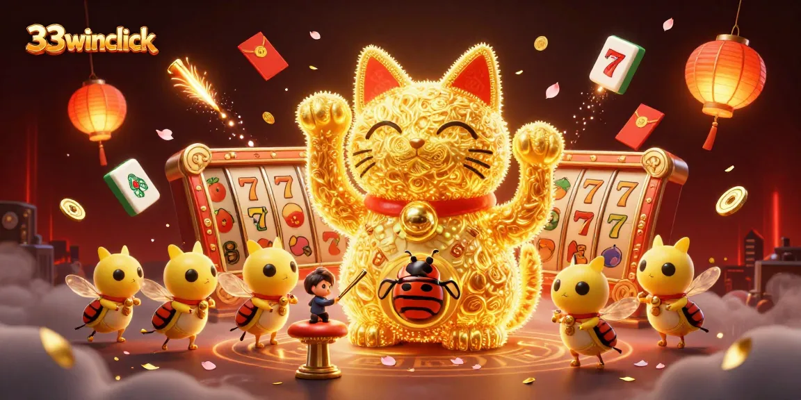 Play exciting games with 33winclick through a vibrant illustration of a lucky cat surrounded by casino symbols.