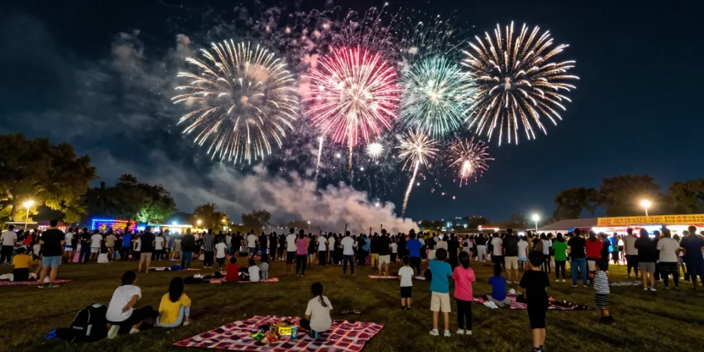 Excited crowds enjoying a vibrant firework display celebrating wholesale fireworks availability.