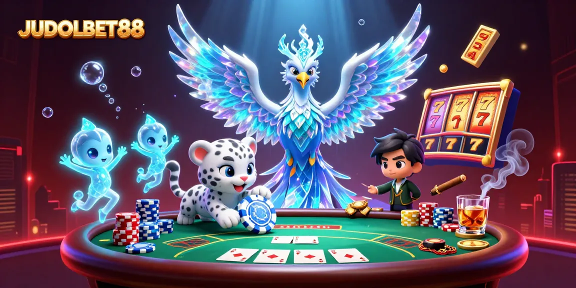 Engage with thrilling gameplay at JUDOLBET88, featuring a 3D ice phoenix and poker scenes.