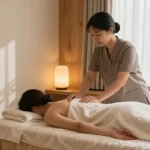 포항마사지 전문 치료를 받고 있는 고객의 편안한 모습과 마사지 스튜디오의 아늑한 분위기