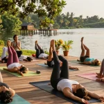 Students practicing 100 hour yoga teacher training Sri Lanka on the shores of Koggala Lake, surrounded by nature.