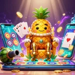 Jouez au poker en ligne avec des jets de jetons et un roi ananas dans un casino animé.