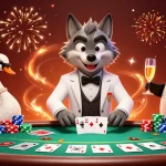 Profitez des bonus de casino en ligne avec un loup élégant, un cygne dealer et un pingouin sommelier.