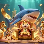 仮想通貨カジノで遊ぶ小さなゴールデンハムスター王が広がる金色のコインの中で、豪華な海の仲間と一緒に王座に腰掛けています。