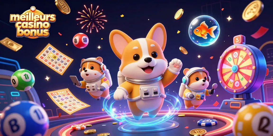 Découvrez les meilleurs casino bonus avec une illustration dynamique d'un corgi astronaute et d'éléments de jeux flottants.