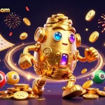 Engage with keonhacai5nam through an energetic 3D illustration showcasing vibrant casino elements and golden characters.