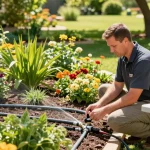 Professional Irrigation Services in Lakeside, TX technician inspecting drip irrigation system in a lush garden.