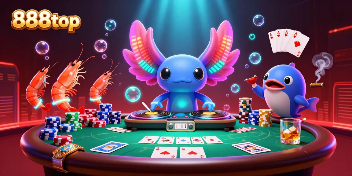 Experience the vibrant gaming world of 888top with a lively scene featuring a neon axolotl DJ, poker elements, and a dynamic underwater party atmosphere.