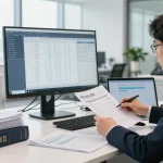 Proses audit forensik di aafikotatangerangselatan.org dengan auditor meninjau dokumen keuangan.