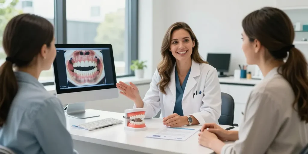 Orthodontist Melbourne discussing treatment options with patient in welcoming dental clinic.