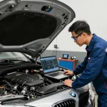 Professionelle Diagnose in der BMW Werkstatt Hannover mit Mechaniker und modernen Werkzeugen.