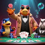 Giocatori al casinò non AAMS con un trio di rapaci in un trench coat all'ingresso, circondati da elementi di poker e atmosfera vivace.