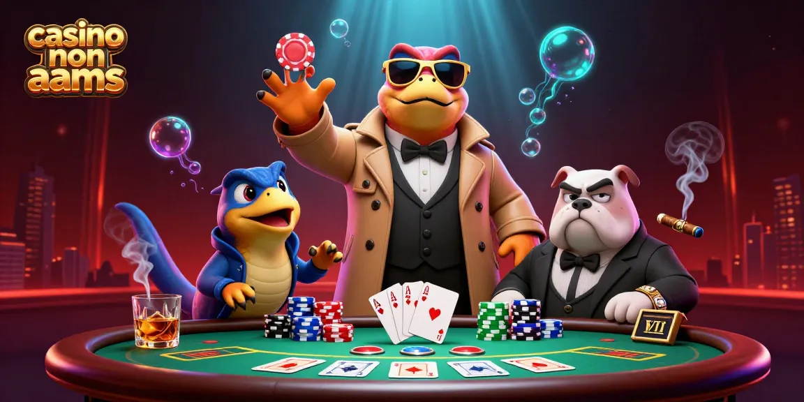 Giocatori al casinò non AAMS con un trio di rapaci in un trench coat all'ingresso, circondati da elementi di poker e atmosfera vivace.