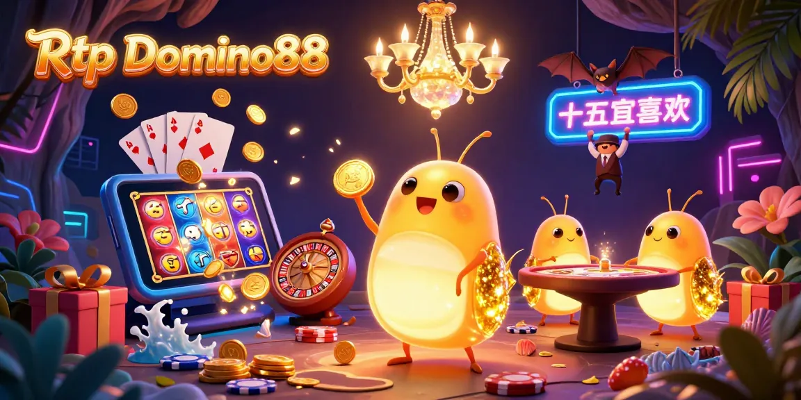 Experience the excitement of Rtp Domino88 with a vibrant casino scene lit by glowworms and a bat dealer.