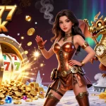 Play slot777 apk surrounded by lavish golden treasures, slots, and gems bursting with excitement.