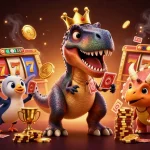 Experience thrilling gameplay of slot gacor with a fun dinosaur-themed casino scene filled with excitement.