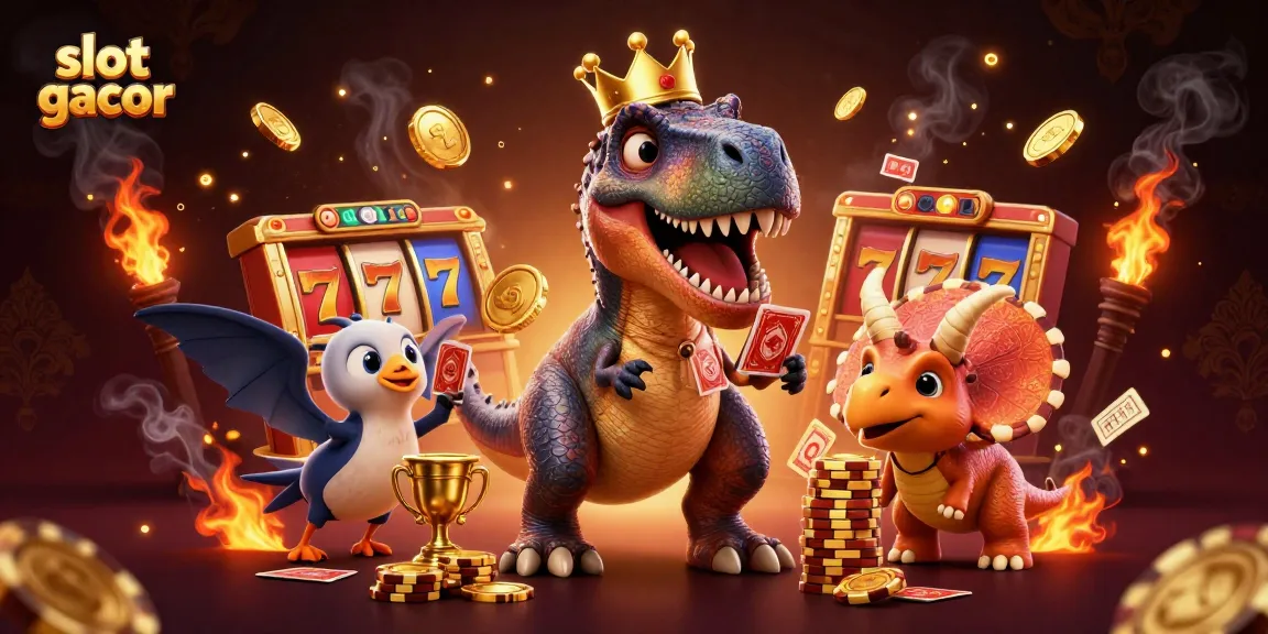 Experience thrilling gameplay of slot gacor with a fun dinosaur-themed casino scene filled with excitement.