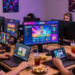 Situs depo 5k online gaming scene with players engaging in exciting slot gameplay, showcasing vibrant atmosphere and diverse devices.