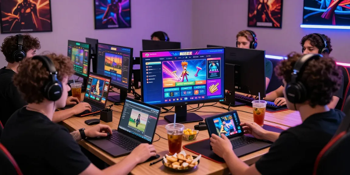 Situs depo 5k online gaming scene with players engaging in exciting slot gameplay, showcasing vibrant atmosphere and diverse devices.