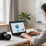 Niche marketing strategy course virtual class setup with instructor, books, and vibrant home office atmosphere
