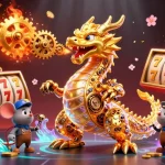 Engage with the exciting world of online credit card casinos featuring vibrant game components and a biomechanical dragon.
