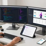 Build Android apps from scratch in a dynamic workspace with code on screens, a developer at work, and app design elements.