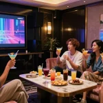 강남 가라오케에서 친구들과 함께 즐기는 고급스러운 노래방 장면