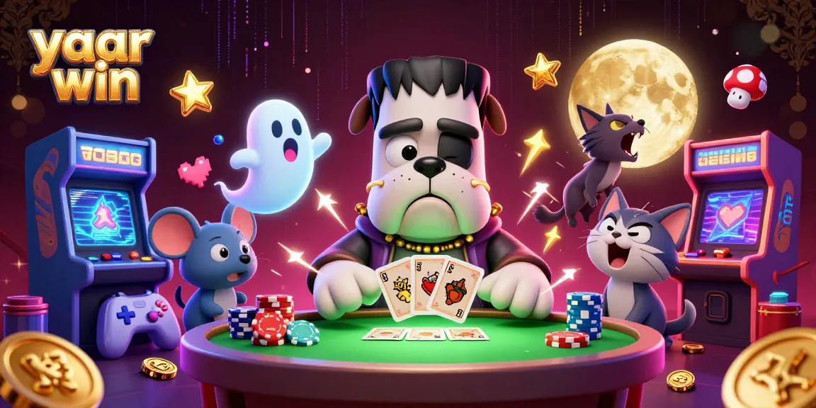 yaar win platform showcasing a lively casino scene with a Frankenstein bulldog and ghost mouse