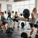 Aktive Bodybuilder im Steroidshop beim Gewichtheben in modernem Fitnessstudio