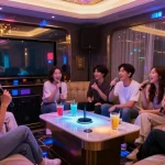 강남가라오케에서 친구들과 함께 즐거운 밤을 보내는 고급스러운 분위기의 노래방