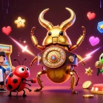 オンラインカジノ 本人確認不要の華やかなシーンで戦うキャラクターたちのイラスト