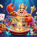 Experience the excitement at nohu90 with a majestic crab emperor amidst dazzling casino games and treasures.
