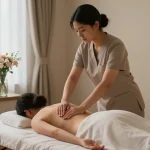 강남마사지와 안락한 마사지를 위한 아늑한 공간에서 전문 테라피스트가 고객에게 스웨디시 마사지를 제공하는 모습
