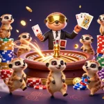 Engage in game đổi thưởng with 3D meerkats orchestrating an interactive casino experience amidst flying coins and vibrant poker chips.