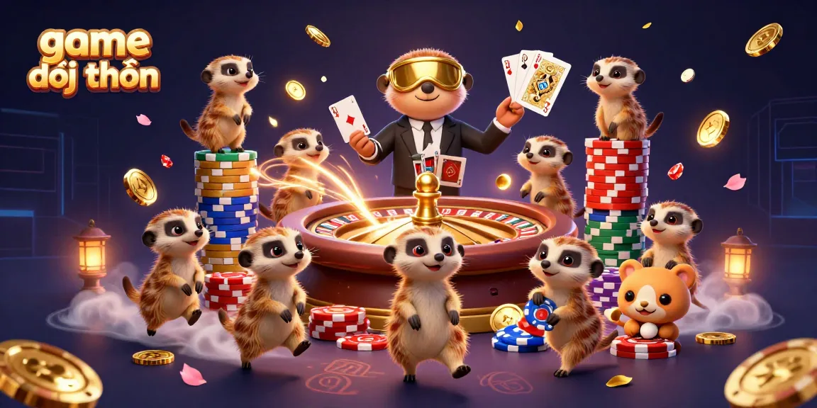Engage in game đổi thưởng with 3D meerkats orchestrating an interactive casino experience amidst flying coins and vibrant poker chips.
