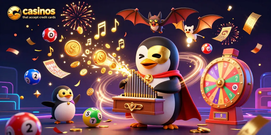 Experience excitement at casinos that accept credit cards, featuring unique characters with golden musical notes and vibrant games.